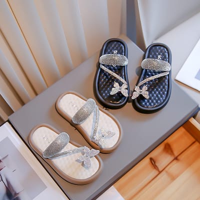 Kids Girls Butterfly Rhinestone Sandals - Soft Sole Kids Fashion Slippers (3 to 5 years)_img_0