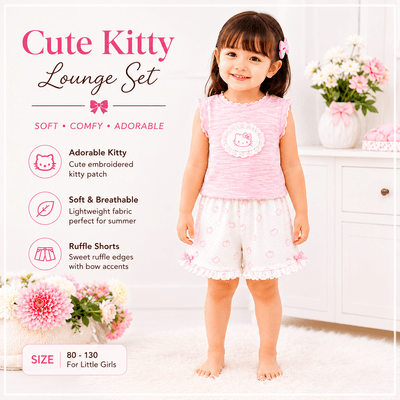 Kids Cute Pink Kitty Girls Summer Lounge Set – Sleeveless Ribbed Top & Ruffle Shorts Set ( 6 months to 6 years)_img_0