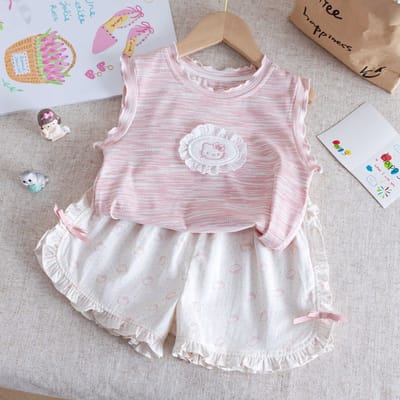 Kids Cute Pink Kitty Girls Summer Lounge Set – Sleeveless Ribbed Top & Ruffle Shorts Set ( 6 months to 6 years)_img_1