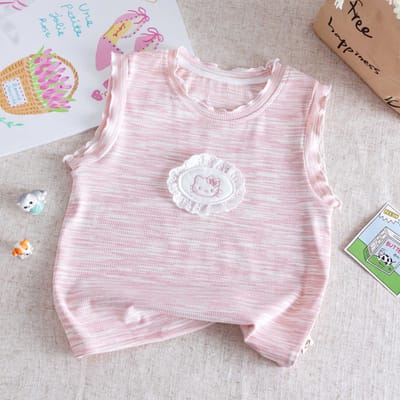 Kids Cute Pink Kitty Girls Summer Lounge Set – Sleeveless Ribbed Top & Ruffle Shorts Set ( 6 months to 6 years)_img_2